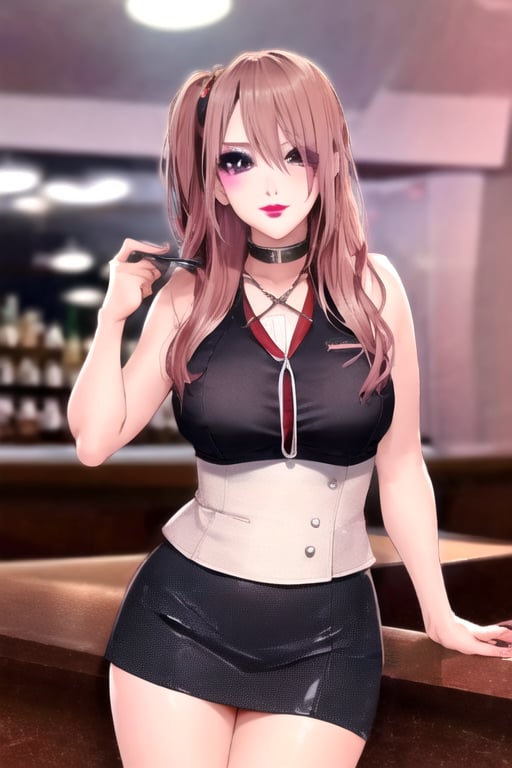 Japanese female high school girl, she is a bad girl, hot makeup, red lips, kairi sane face, kairi sane hairstyle, hot high school uniform, she is posing sexy and sugestive in a bar,kairisane