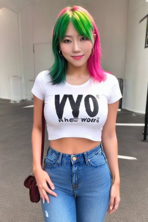 Asuka is a supermodel girl flirting with you, 17 years old, smiling flirty, hoop earrings, slim body, asuka hair style, pink green hair, she is wearing tight levi's jeans and a sexy cropped t-shirt