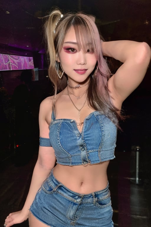 Japanese hot girl 36 years old standing candidly in a night club during a romantic date, flirty pose because she's in love with you, japanese slender body girl, hot latina baddie girl outfit, tight jeans acid wash blue color 80s style, jewel bracelerts, raw style, fashion make up, very sexy crop top, large latina hoop earrings, kairi sane ponytail hairstyle, blonde hair, hot smile, Sony A7III, aspect ratio 1:2, hyperreal, photorealistic quality, dramatic backlighting, soft shadows, depth of field, ultra clear, UHD drawing