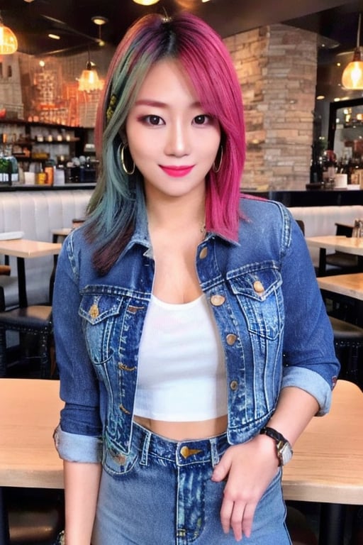 A hot baddie japanese girl is having a date and is flirting with you in a restaurant wanting to be your girlfriend, beautiful detailed eyes, flirty beautiful perfect smile, hot jeans in light blue color, cropped denim jacket, hoop earrings, asuka face, baddie make-up,asuka, full body shot