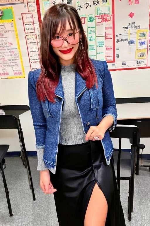 High school teacher japanese girl, sexy denim jacket, long formal black skirt, formal makeup, formal attire, red lips, cute style, she is wearing glasses, kairi sane haircolor, kairi sane face, formal hairstyle, she is posing sexy in her classroom,kairisane