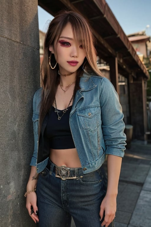 Japanese levi's girl 36 years old standing candidly, flirty pose, she is wearing levi's clothes, jewel bracelerts, waist chain, fashion outfit, levi's denim jacket girl, raw style, punk like make up, large hoop earrings, long hair, kairi sane hairstyle, blonde hair, Sony A7III, aspect ratio 1:2, hyperreal, photorealistic quality, dramatic backlighting, soft shadows, depth of field, ultra clear, UHD drawing