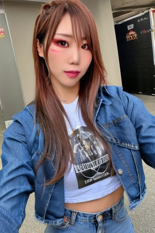 Kairi Sane, she is wearing jeans, cropped denim jacket and a sexy t-shirt, beautiful detailed eyes