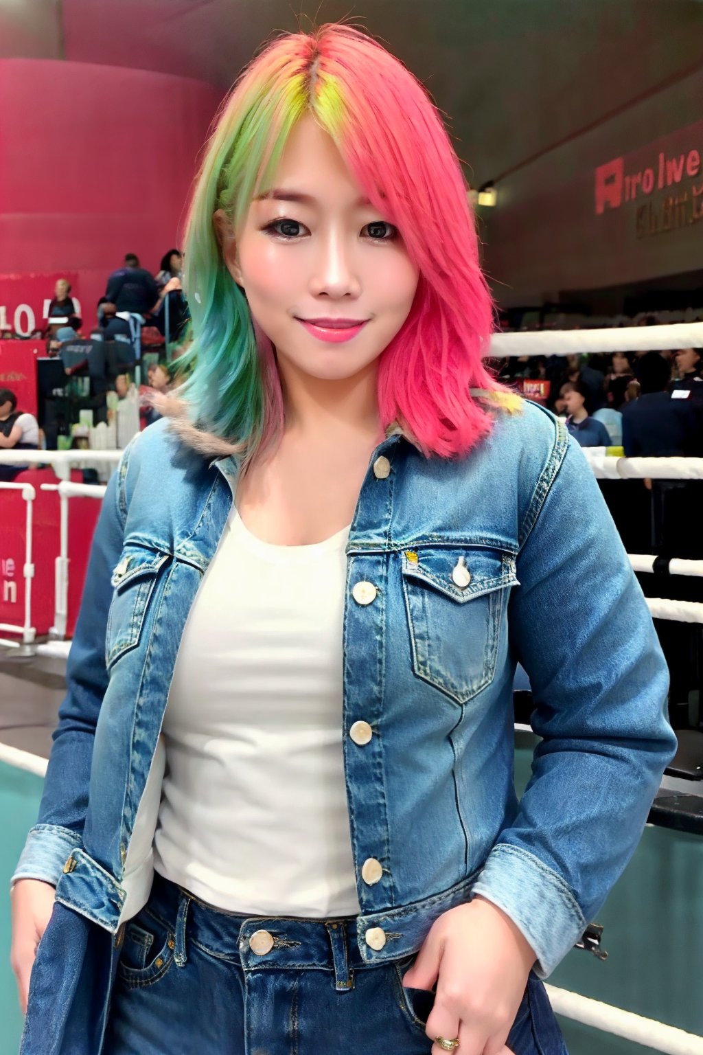 sexy smile, pink green hair color, she is wearing tight levis jeans and levis women denim jacket in light blue color