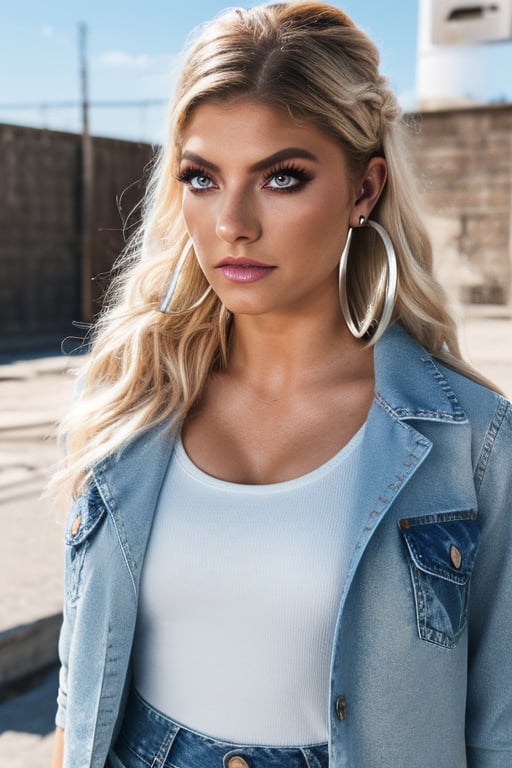 American fashion influencer resembling Alexa Bliss in her 15s standing candidly, natural pose, white t-shirt, 80s jeans style, 80s acid wash light blue denim jacket, captured from the front, raw style, fashion lips, blonde hair, 80s hairstyle, black eyeshadows, large hoop earrings, Sony A7III, aspect ratio 1:2, hyperreal, photorealistic quality, dramatic backlighting, soft shadows, depth of field, ultra clear, UHD drawing