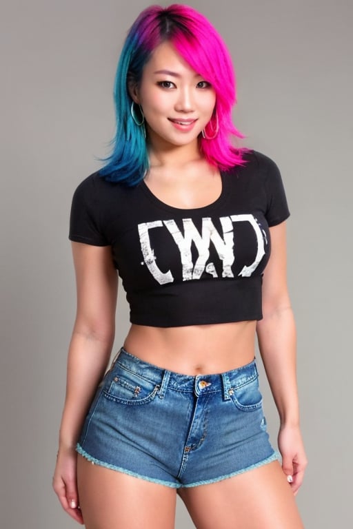 Asuka is a supermodel girl flirting with you and she poses provocatively, also she is taking off her denim jacket, 17 years old, smiling flirty, hoop earrings, slim body, asuka hair style, asuka makeup, pink blue hair color, she is wearing tight levi's jeans and a sexy cropped t-shirt