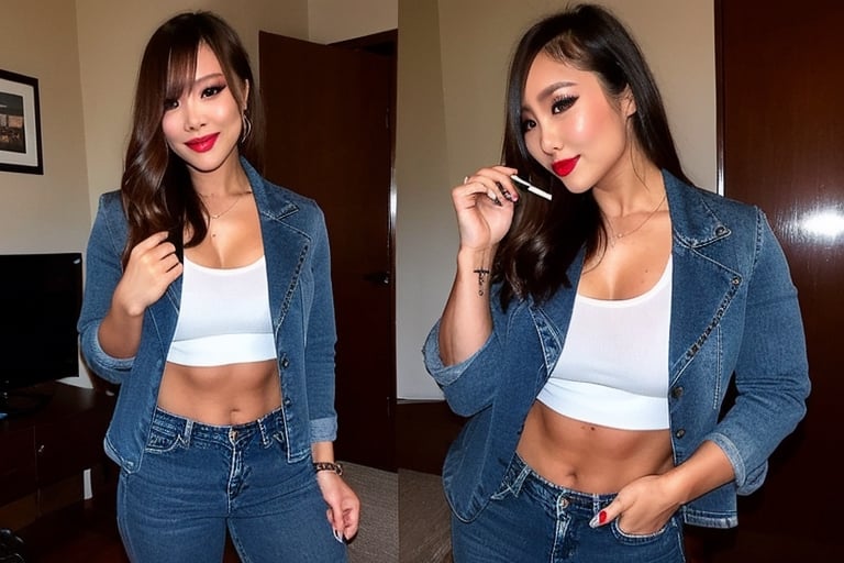 beautiful detailed eyes, tight jeans, tight cropped small denim jacket, sexy girl make-up, dark lips, kairi sane is posing very sexy, smoking a cigarette in her apartment,realistic, punk girl hair color,kairisane