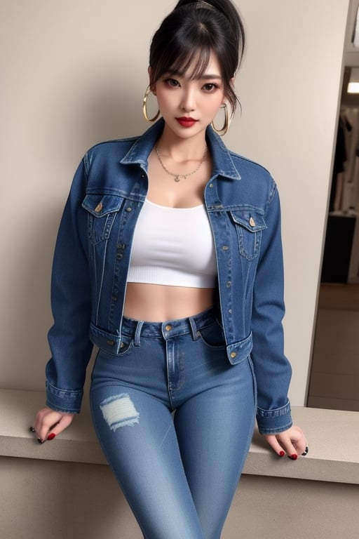 Japanese onlyfans model woman, 40 years old, dark lips, onlyfans model girl hairstyle with ponytail and fringe, typical fashion model woman outfit, hoop earrings, tight denim jacket, punk girl makeup, full body shot, slim girl, sexy body, long nails,sexy jeans,Sexy Pose,blackbootsnjeans,1 girl 