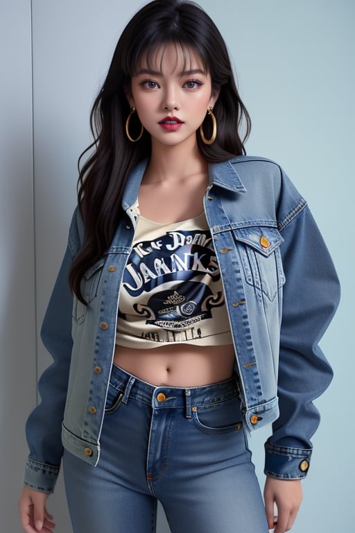 supermodel asian girl, 19 years old, beautiful detailed eyes, t, make-up, dark lips, posing sexy, 80s hairstyle, loose 80s levis jeans type, jack daniels t-shirt resemble, 80s levi's denim jacket type in very strong acid wash blue color, large hoop earrings