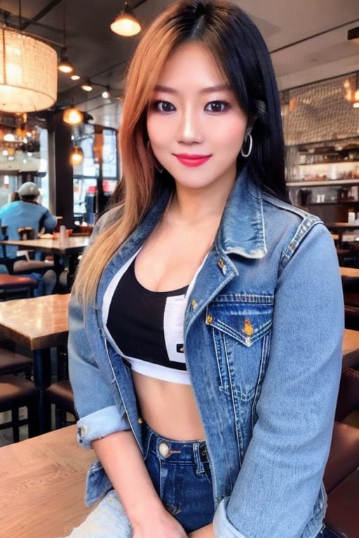 A hot baddie japanese girl is having a date and is flirting with you in a restaurant wanting to be your girlfriend, beautiful detailed eyes, flirty beautiful perfect smile, hot jeans in light blue color, cropped denim jacket, hoop earrings, asuka face, baddie make-up,asuka, full body shot