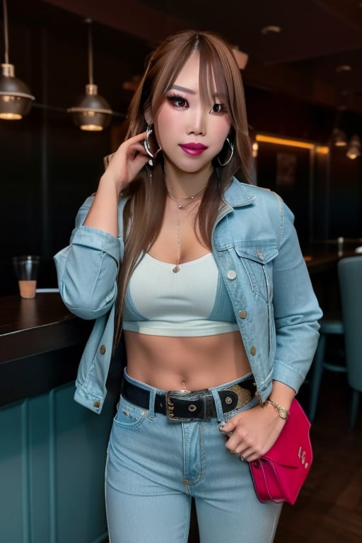 Stunningly beautiful rich glamourus japanese girl, 36 years old, Kairi Sane hairstyle, she is posing flirty in a bar and smoking a cigarette, flirty lips, hot kairi sane make-up (wearing real genuine levis jeans in light blue color) (wearing sexy cropped shirt) (wearing fashionist belt) (cropped levis denim jacket in light blue color) (small handbag) (hoop earrings) High quality photos, 8k extreme detailed