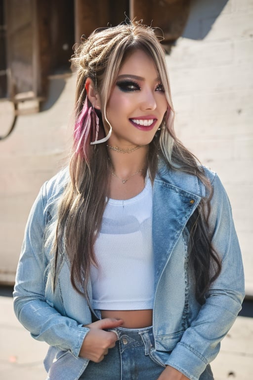 American fashion influencer resembling a hybrid of Kairi Sane and Alexa Bliss in her 22s standing candidly outside, sexy pose, white t-shirt, tight levis jeans acid wash color, levis acid wash light blue denim jacket, captured from the back raw style, fashion lips, hybrid hairstyle, black eyeshadows, large hoop earrings, flirty smile, Sony A7III, aspect ratio 1:2, hyperreal, photorealistic quality, dramatic backlighting, soft shadows, depth of field, ultra clear, UHD drawing