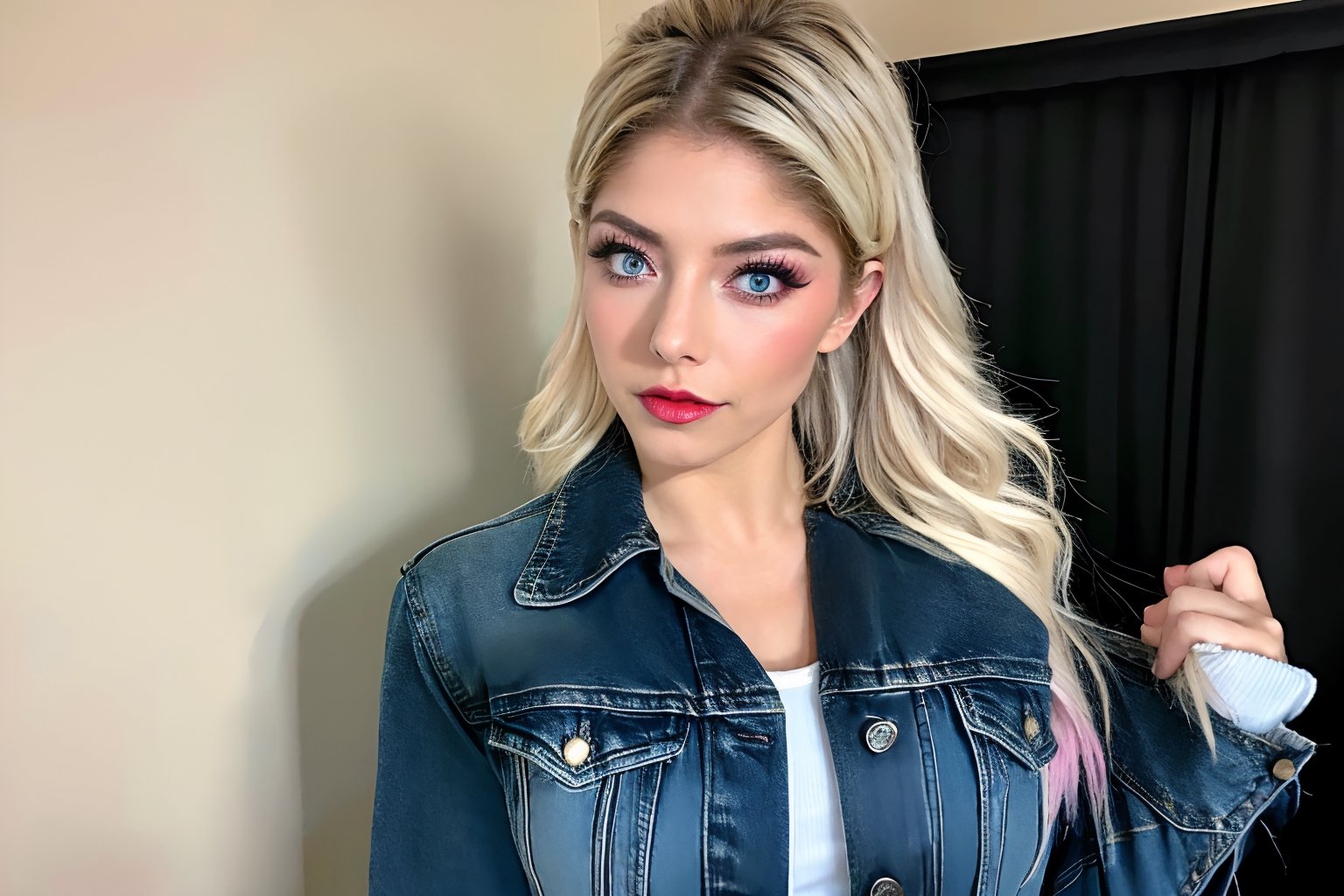 beautiful detailed eyes, tight jeans, tight cropped denim jacket, alexa bliss make-up, red lips, posing very sexy and flirting during a model photoshoot, realistic,alexabliss