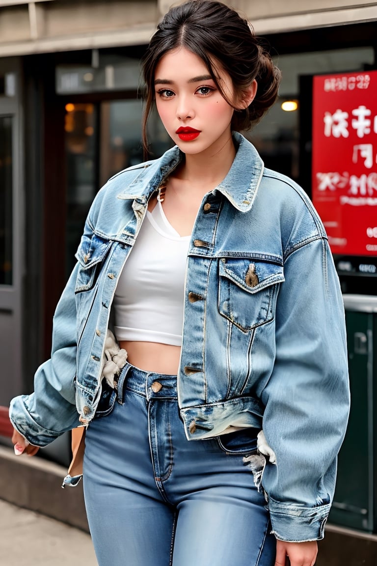 beautiful detailed eyes, tight jeans, cropped denim jacket, rebel girl hairstyle, rebel girl makeup, red lips, full body shot