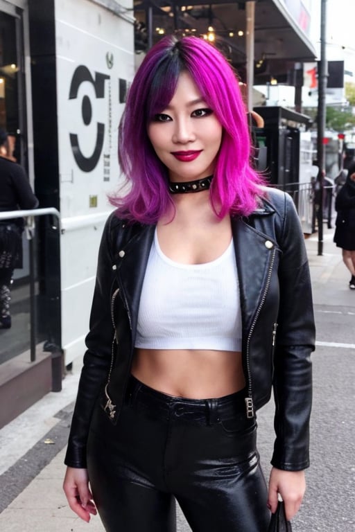 Japanese rebel criminal girl, 42 years old, smile, dark lips, rebel look, punk girl hairstyle, she is staring at the street with her friends, cropped leather jacket, tight leather pants, punk girl makeup, full body shot, slim girl, sexy body