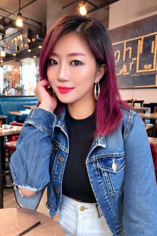 A hot baddie japanese girl is having a date and is flirting with you in a restaurant wanting to be your girlfriend, beautiful detailed eyes, flirty beautiful perfect smile, hot jeans in light blue color, cropped denim jacket, hoop earrings, asuka face, baddie make-up,asuka, full body shot