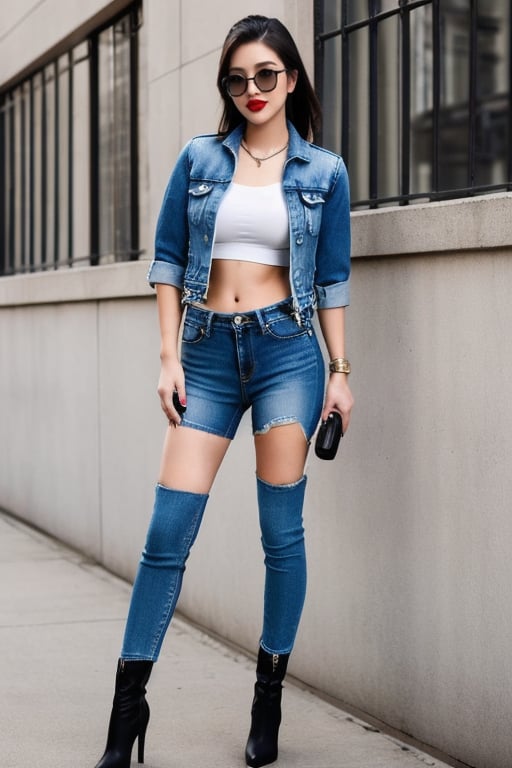 Bad and rebel girl having a good time in a photoshoot model for levi's, slim body, she is wearing a rebel and bad girl outfit with tight jeans and a cropped denim jacket to her waist, high heel boots