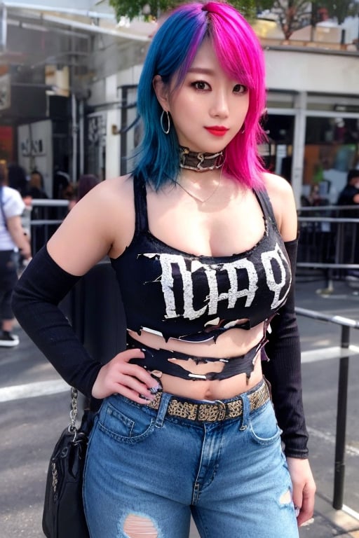 Japanese punk fashion influencer in her 30s standing candidly, defiant pose, she is wearing cool punk clothes, torn jeans, leather bracelerts, waist chain, punk fashion, raw style, punk like make up, large hoop earrings, short hair, Asuka hairstyle, blue pink hair, Sony A7III, aspect ratio 1:2, hyperreal, photorealistic quality, dramatic backlighting, soft shadows, depth of field, ultra clear, UHD drawing