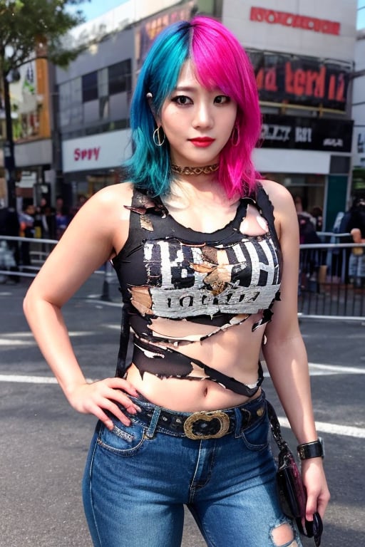 Japanese punk fashion influencer in her 30s standing candidly, defiant pose, she is wearing cool punk clothes, torn jeans, leather bracelerts, waist chain, punk fashion, raw style, punk like make up, large hoop earrings, short hair, Asuka hairstyle, blue pink hair, Sony A7III, aspect ratio 1:2, hyperreal, photorealistic quality, dramatic backlighting, soft shadows, depth of field, ultra clear, UHD drawing