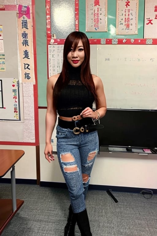 Kairi Sane is a japanese teacher posing in her classroom, she is wearing a formal attire with frayed jeans, long heel boots, black lips, fashion belt,kairisane