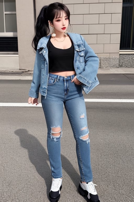 Japanese onlyfans model woman, 19 years old, dark lips, onlyfans model girl hairstyle with ponytail and fringe, typical fashion model woman outfit, hoop earrings, tight denim jacket, punk girl makeup, full body shot, slim girl, sexy body, long nails,sexy jeans