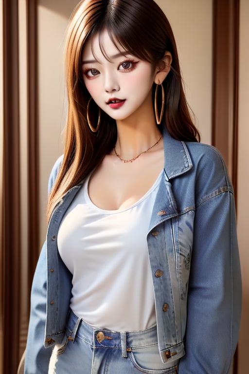 supermodel asian girl, 19 years old, beautiful detailed eyes, t, make-up, dark lips, posing sexy, 80s hairstyle, loose 80s levis jeans type, jack daniels t-shirt resemble, 80s levi's denim jacket type in very strong acid wash blue color, large hoop earrings