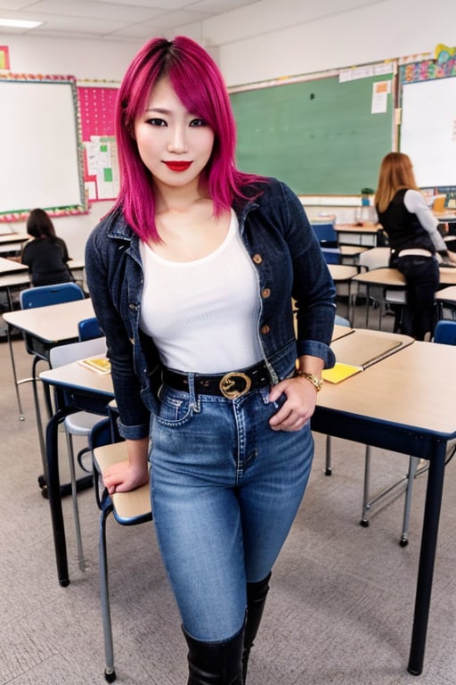 Asuka is a japanese teacher posing in her classroom during a model photoshoot, she is wearing jeans, cropped denim jacket, long heel boots, black lips, fashion belt