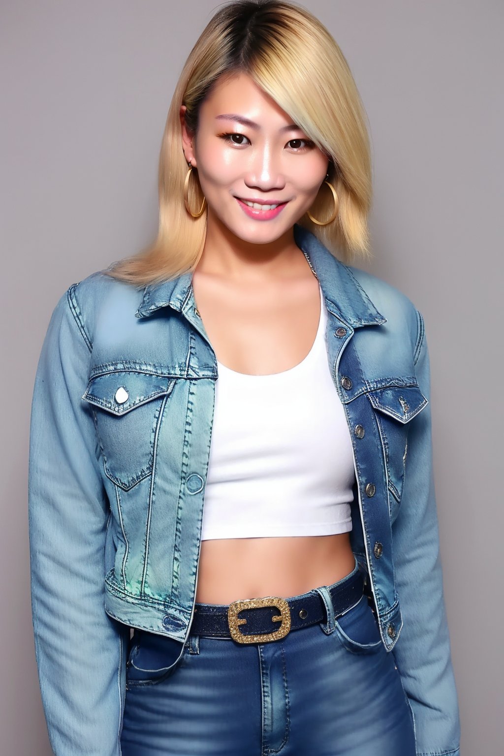 Japanese woman wearing cropped light blue denim jacket and tight light blue jeans, fitted t-shirt, 19 years old, punk belt, fashion girl make-up, big hoop earrings, flirty lips, smile, she is dating with you in a night club, blonde hair color