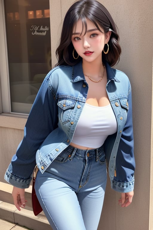 supermodel asian girl, 19 years old, beautiful detailed eyes, t, make-up, dark lips, posing sexy, 80s hairstyle, loose 80s levis jeans type, jack daniels t-shirt resemble, 80s levi's denim jacket type in very strong acid wash blue color, large hoop earrings