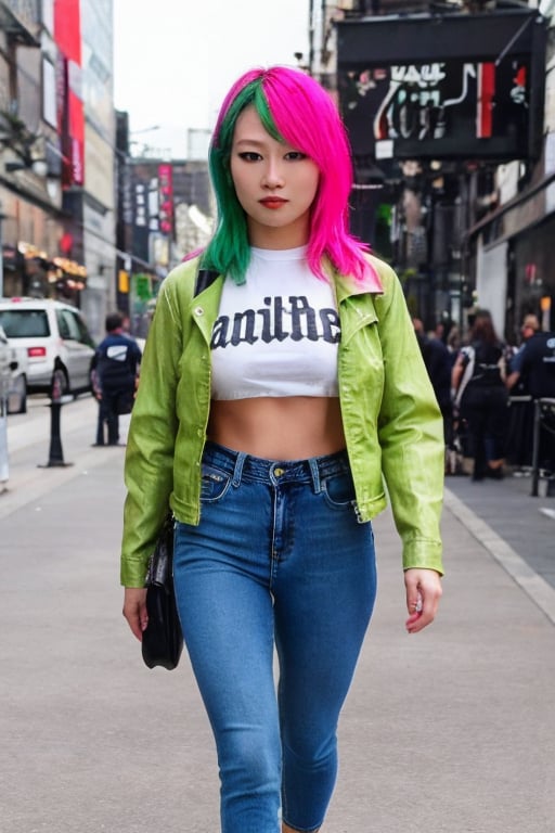 Asuka, punk hairstyle, green and pink hair color, hot denim pants, cropped denim jacket into her waist