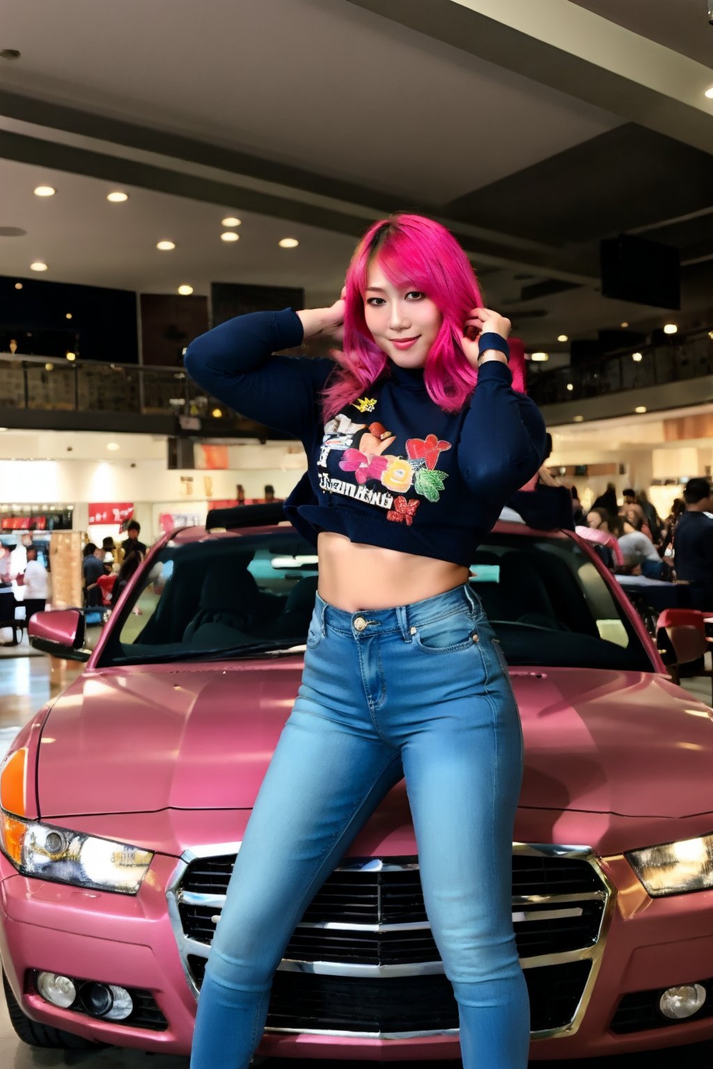 hot japanese girl, tight jeans, cropped denim jacket, asuka make-up, asyuka face, asuka hairstyle, pink blue hair color, smiling, posing sexy and smoking a cigarette, realistic, full body shot,blackbootsnjeans,hot girl