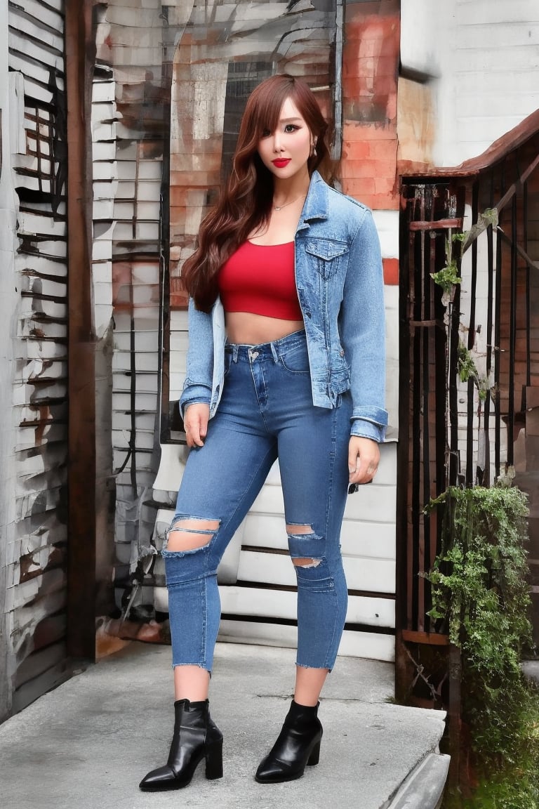 beautiful detailed eyes, tight jeans, cropped denim jacket, kairi sane hairstyle, red lips,kairisane