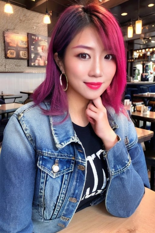 A hot baddie japanese girl is having a date and is flirting with you in a restaurant wanting to be your girlfriend, beautiful detailed eyes, flirty beautiful perfect smile, hot jeans in light blue color, cropped denim jacket, hoop earrings, asuka face, baddie make-up,asuka, full body shot