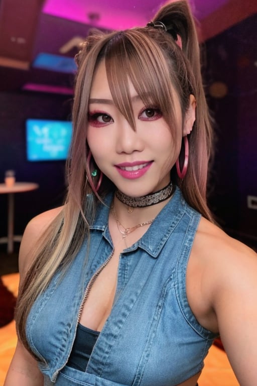 Japanese hot girl 36 years old standing candidly in a night club during a romantic date, flirty pose because she's in love with you, japanese slender body girl, hot latina baddie girl outfit, tight jeans acid wash blue color 80s style, jewel bracelerts, raw style, fashion make up, crop sexy top, large latina hoop earrings, kairi sane ponytail hairstyle, blonde hair, hot smile, Sony A7III, aspect ratio 1:2, hyperreal, photorealistic quality, dramatic backlighting, soft shadows, depth of field, ultra clear, UHD drawing