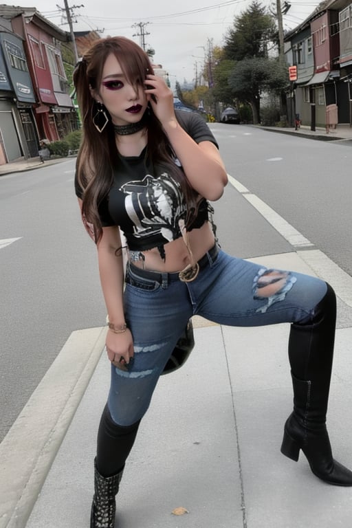 Japanese onlyfans model woman posing in a red district, 36 years old, dark lips, kairi sane hairstyle, typical fashion model woman outfit, large hoop earrings, sexy torn t-shirt, punk girl makeup, full body shot, slim girl, sexy body, long nails,sexy high acid washed jeans,Sexy Pose,blackbootsnjeans,1 girl 