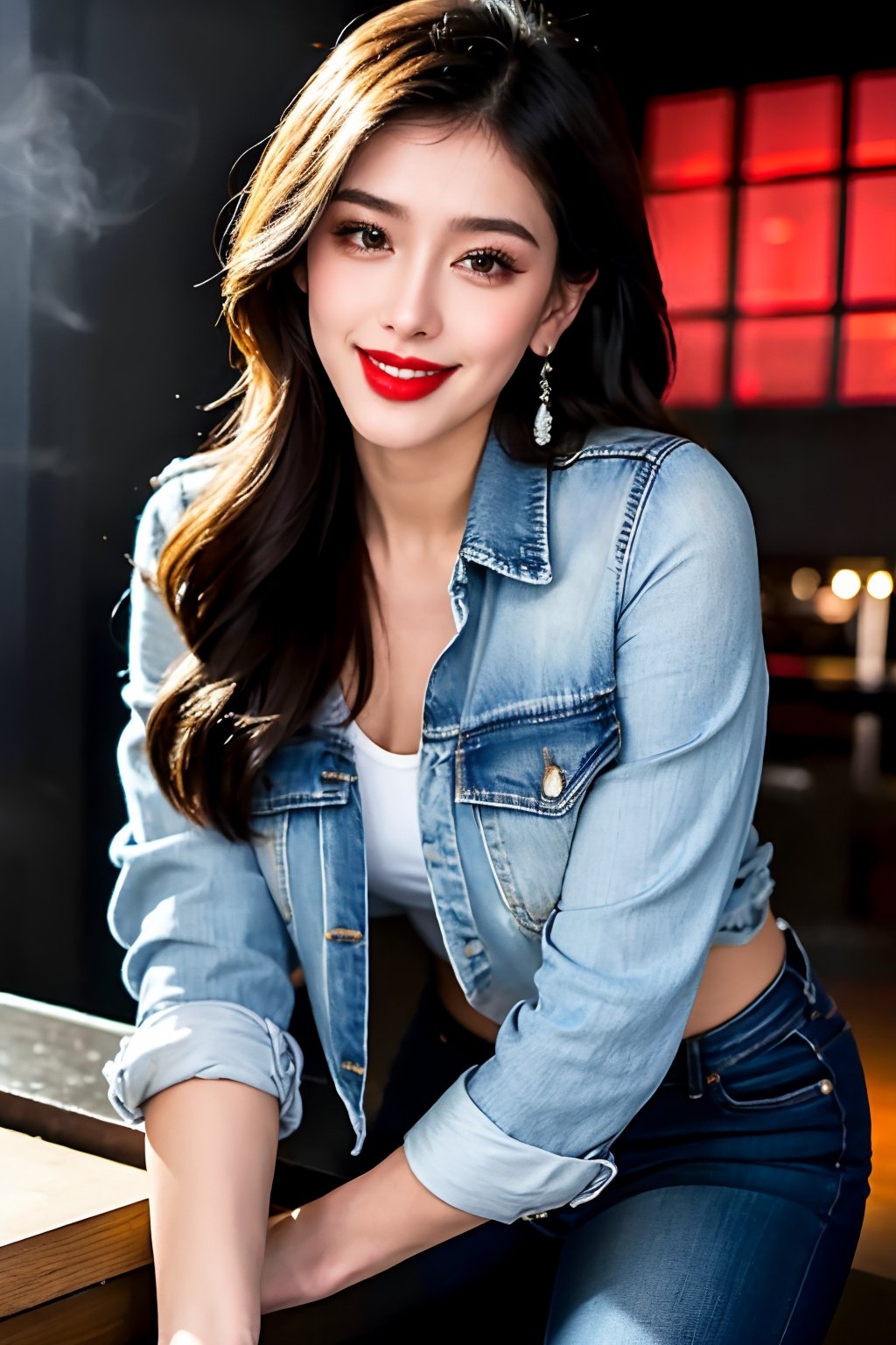 beautiful detailed eyes, tight jeans, cropped denim jacket, make-up, red lips, smiling, posing sexy in a night club and smoking a cigarette, realistic,blackbootsnjeans,cute girl