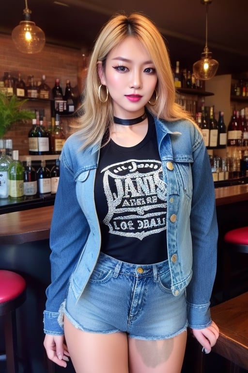 supermodel asian girl, 29 years old, beautiful detailed eyes, make-up, dark lips, posing sexy, full body shot in a bar drinking a whisky, straight blonde hair, 80s hairstyle, loose 80s levis jeans type, jack daniels t-shirt resemble, 80s levi's denim jacket type in very strong acid wash blue color, large hoop earrings