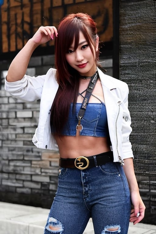 Kairi Sane in her young years, she is wearing a rebel girl attire with frayed jeans, cropped frayed denim jacket, fashion belt, she poses sexy and smokes a cigarette at the same time,kairisane