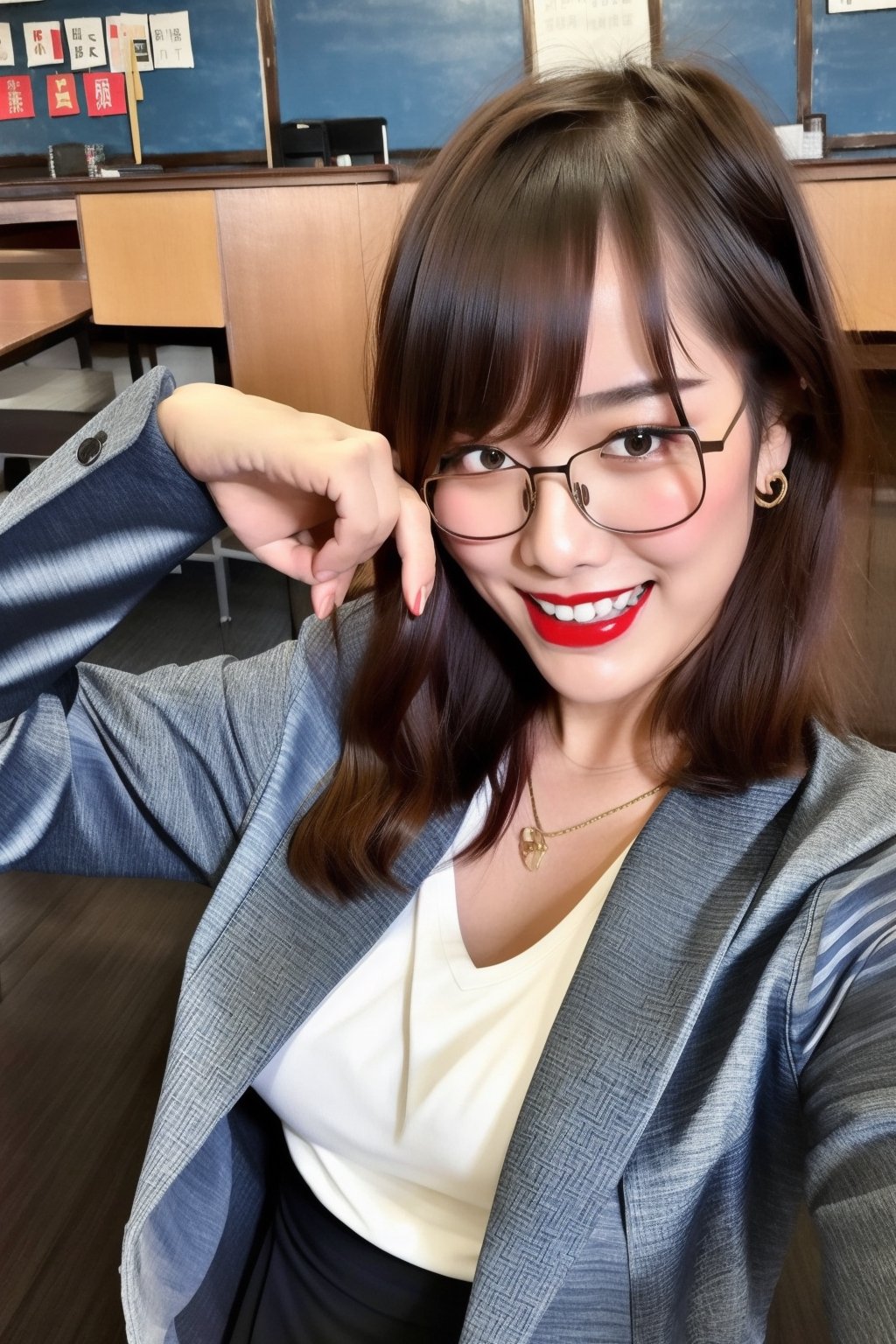 High school teacher japanese girl, sexy denim jacket, long formal black skirt, formal makeup, formal attire, red lips, cute style, she is wearing glasses, kairi sane haircolor, kairi sane face, formal hairstyle, she is posing so sexy in her classroom,kairisane