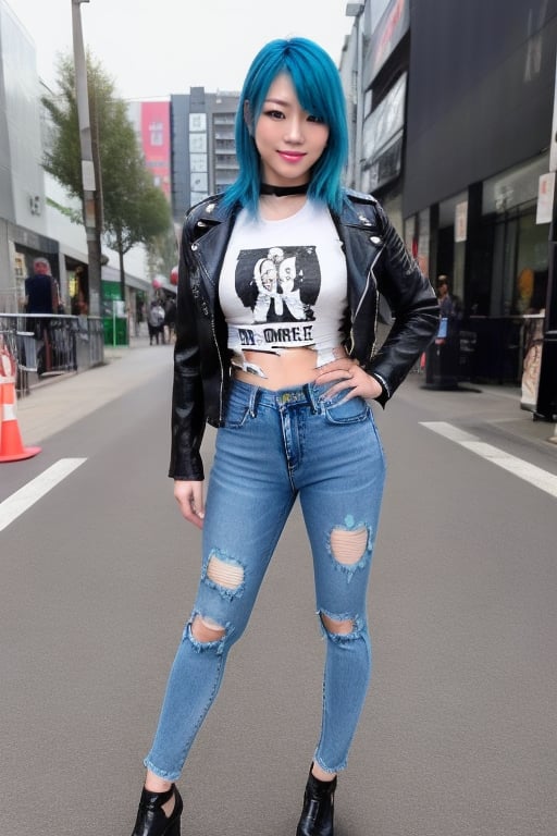 hot japanese girl, she is a repeat offender criminal, 39 years old, torn jeans, biker jacket and Ramones t-shirt, asuka make-up, asuka face, asuka hairstyle, blue pink hair color, smiling flirty and provocatively, posing defiant, realistic, full body shot,hot girl