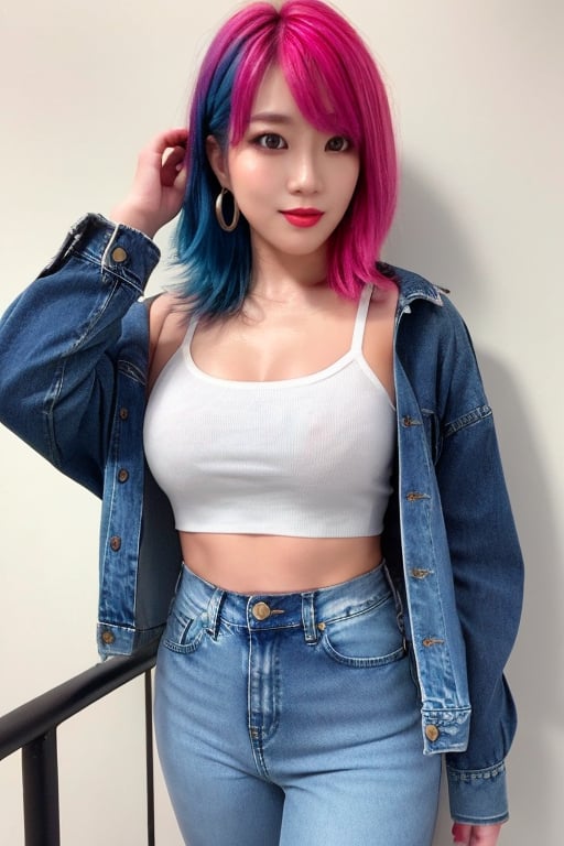 Japanese fashion influencer in her 18s standing candidly, natural pose, tight jeans, cropped fitted acid wash pattern denim jacket, raw style, red lips, black eyeshadows, large hoop earrings, short hair, Asuka hairstyle, blue pink hair, Sony A7III, aspect ratio 1:2, hyperreal, photorealistic quality, dramatic backlighting, soft shadows, depth of field, ultra clear, UHD drawing