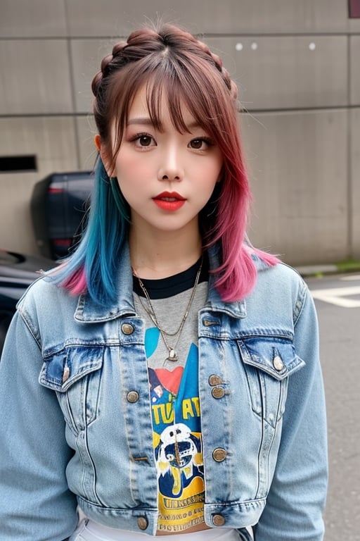 beautiful detailed eyes, tight jeans, tight cropped small denim jacket, punk girl make-up, red lips, posing very sexy and flirting in a street at night, realistic, kairi sane face, kairi sane hairstyle, punk girl hair color