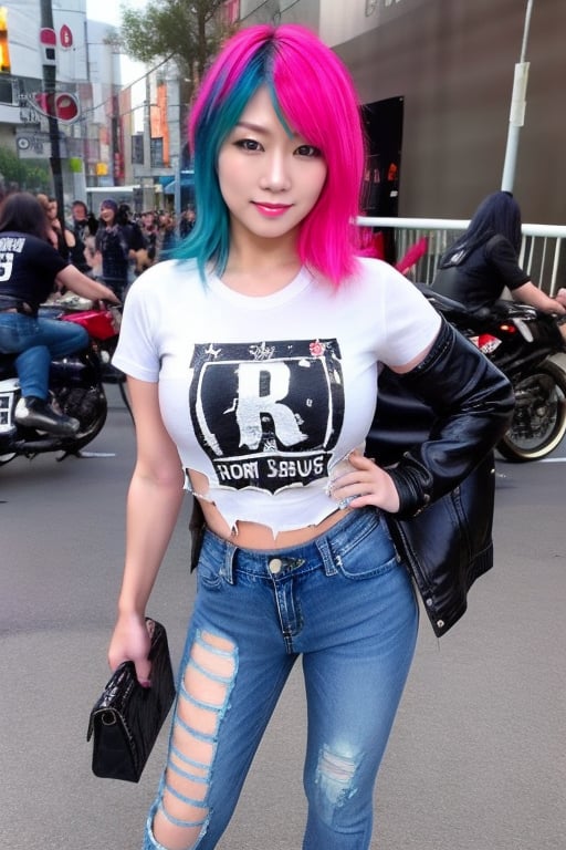 hot japanese girl, she is a repeat offender criminal, 39 years old, torn jeans, biker jacket and Ramones t-shirt, asuka make-up, asuka face, asuka hairstyle, blue pink hair color, smiling flirty and provocatively, posing defiant, realistic, full body shot,hot girl