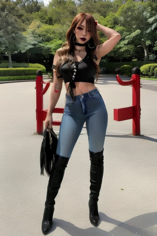 Japanese onlyfans model woman posing in a park, 36 years old, dark lips, kairi sane hairstyle, typical fashion model woman outfit, large hoop earrings, sexy t-shirt, punk girl makeup, full body shot, slim girl, sexy body, long nails,sexy jeans,Sexy Pose,blackbootsnjeans,1 girl 