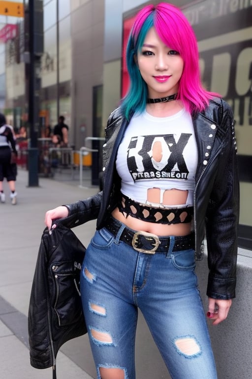 hot japanese girl, she is a repeat offender criminal, 39 years old, torn jeans, biker jacket and Ramones t-shirt, punk fashion belt, asuka make-up, asuka face, asuka hairstyle, blue pink hair color, smiling flirty and provocatively, posing defiant, realistic, full body shot,hot girl