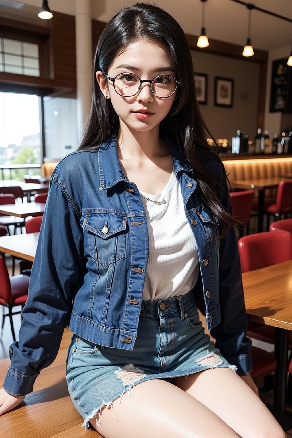 1girl, solo, long hair, looking at the viewer, brown hair, shirt, long sleeves, brown eyes, sitting, white shirt, outdoors, glasses, realistic, the image of a Japanese female, high quality, 8K Ultra HD, photorealistic has a fully detailed mature face, Realistically not Ai, 36D, NATURAL, charming, detailed face, a teacher wearing a sexy dress with jeans jacket, with long legs and stocking, sexy pose in the restaurant.