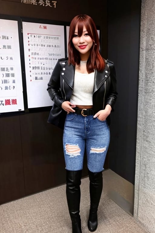 Kairi Sane is a japanese teacher taching her class at a university, she is wearing a formal attire with frayed jeans and a leather jacket, long heel boots, black lips, fashion belt,kairisane