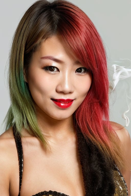 Japanese fashion girl, seductive smile, asuka hairstyle, blue red hair color, long hair, punk girl makeup, asuka face, red lipstick, smoking a cigarette