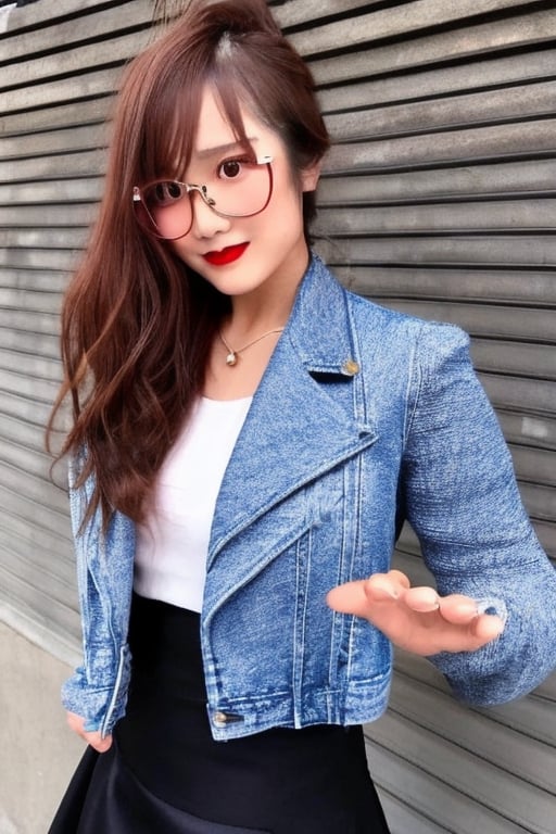 High school teacher japanese girl, sexy denim jacket, long formal black skirt, formal makeup, formal attire, red lips, cute style, she is wearing glasses, kairi sane haircolor, kairi sane face, formal hairstyle,kairisane