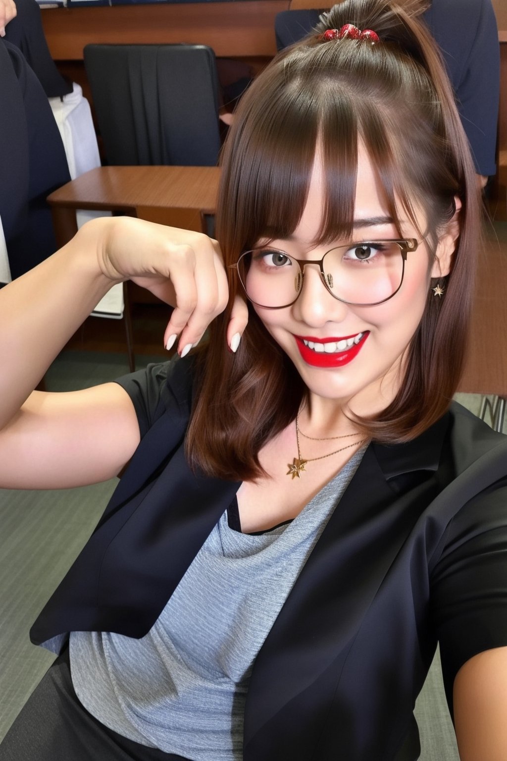 High school teacher japanese girl, sexy denim jacket, long formal black skirt, formal makeup, formal attire, red lips, cute style, she is wearing glasses, kairi sane haircolor, kairi sane face, formal hairstyle, she is posing so sexy in her classroom,kairisane